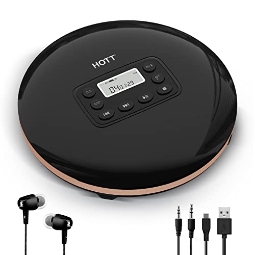 HOTT CD711T Bluetooth Rechargeable Portable CD Player for Home Travel and Car with Stereo Headphones and, Anti Shock Protection-Black