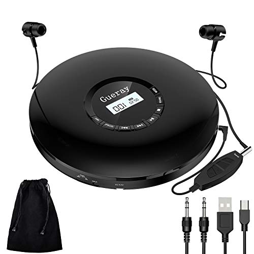 Portable CD Player 1400mAh CD Walkman Rechargeable CD Player Portable Gueray CD Discman Personal CD Player with Headphones Jack USB Supply CD Music Disc with LCD Display (Black)