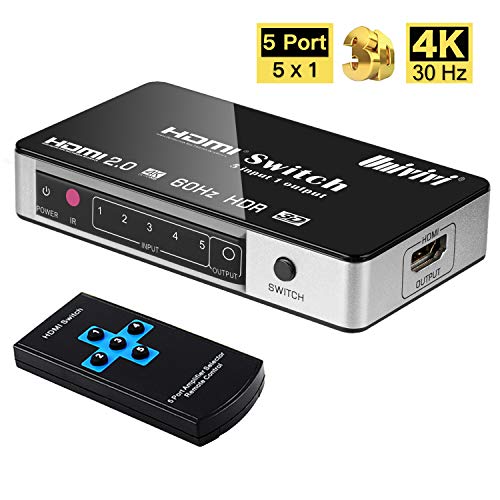 Univivi HDMI Switch 4K 5 Port 5x1 HDMI Switcher Splitter Box Support 4Kx2K Ultra HD 3D with Remote Control and Power Adapter